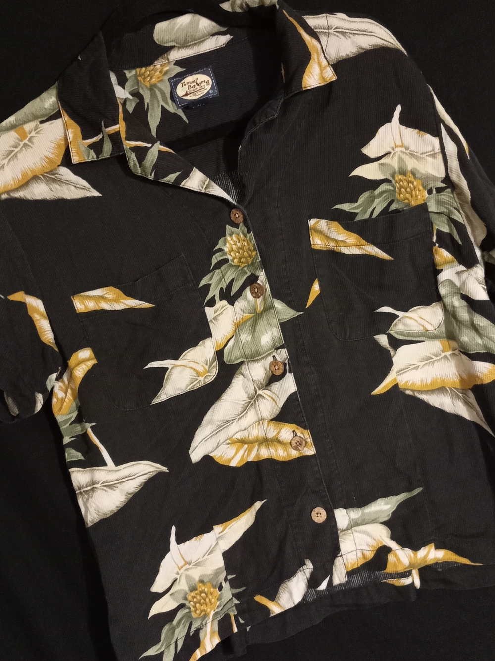 Tommy Bahama Black Tropical Short-Sleeve Shirt with Yellow & White Print